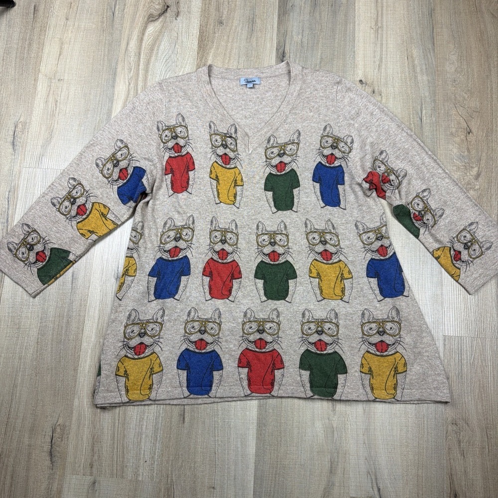 Shana Women's Sweater‎ Large Frenchie Graphic Oversized Knit Wool Novelty Top